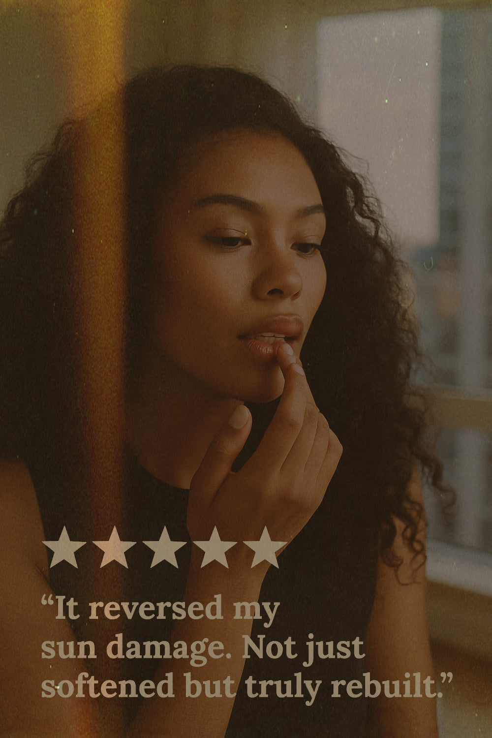 A woman gently touching her lips, symbolizing relief and moisture after applying Miracle of the Sea lip care, designed to soften and nourish.