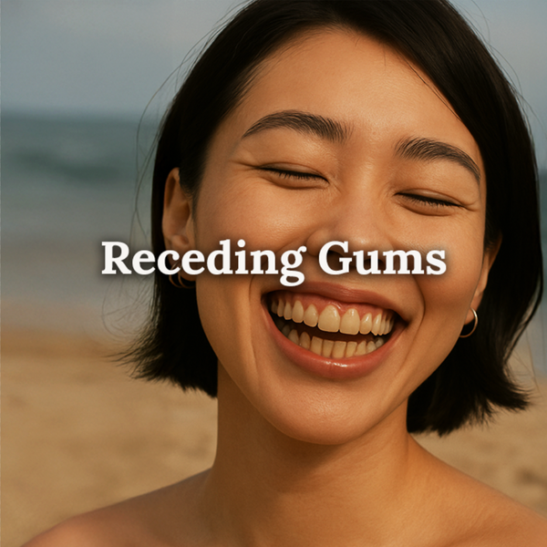 Smiling woman showing healthy gums and teeth, used to illustrate oral care support for gum sensitivity and maintenance with text reading ‘Receding Gums'.