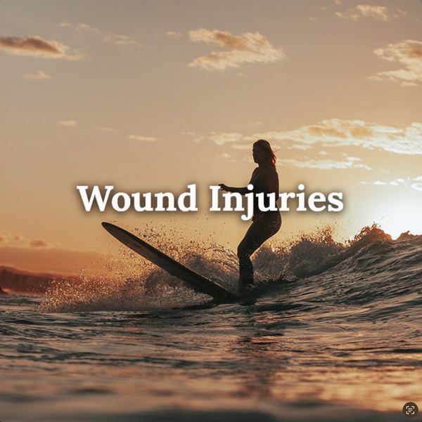 Surfer riding ocean waves at sunset, representing active lifestyle support and skin recovery from minor abrasions or irritation with text reading ‘Wound Injuries'.