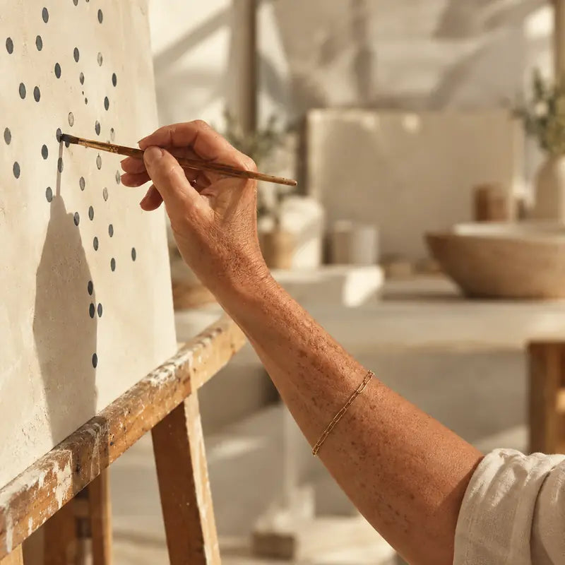 A sunlit hand with freckles and sun spots, painting at an easel