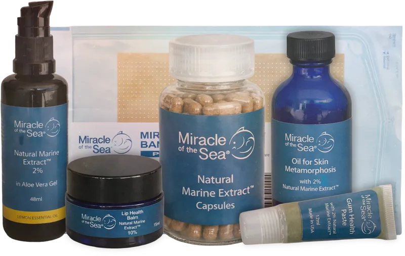 The Miracle of the Sea collection: serum in aloe vera gel, Lip Health Balm, capsules, Oil for Skin Metamorphosis, Gum Health Paste and the Miracle Bandage