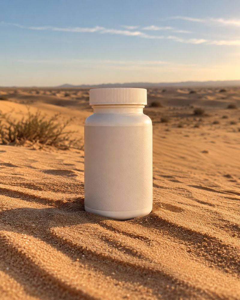 A plain white supplement bottle standing in desert sand.