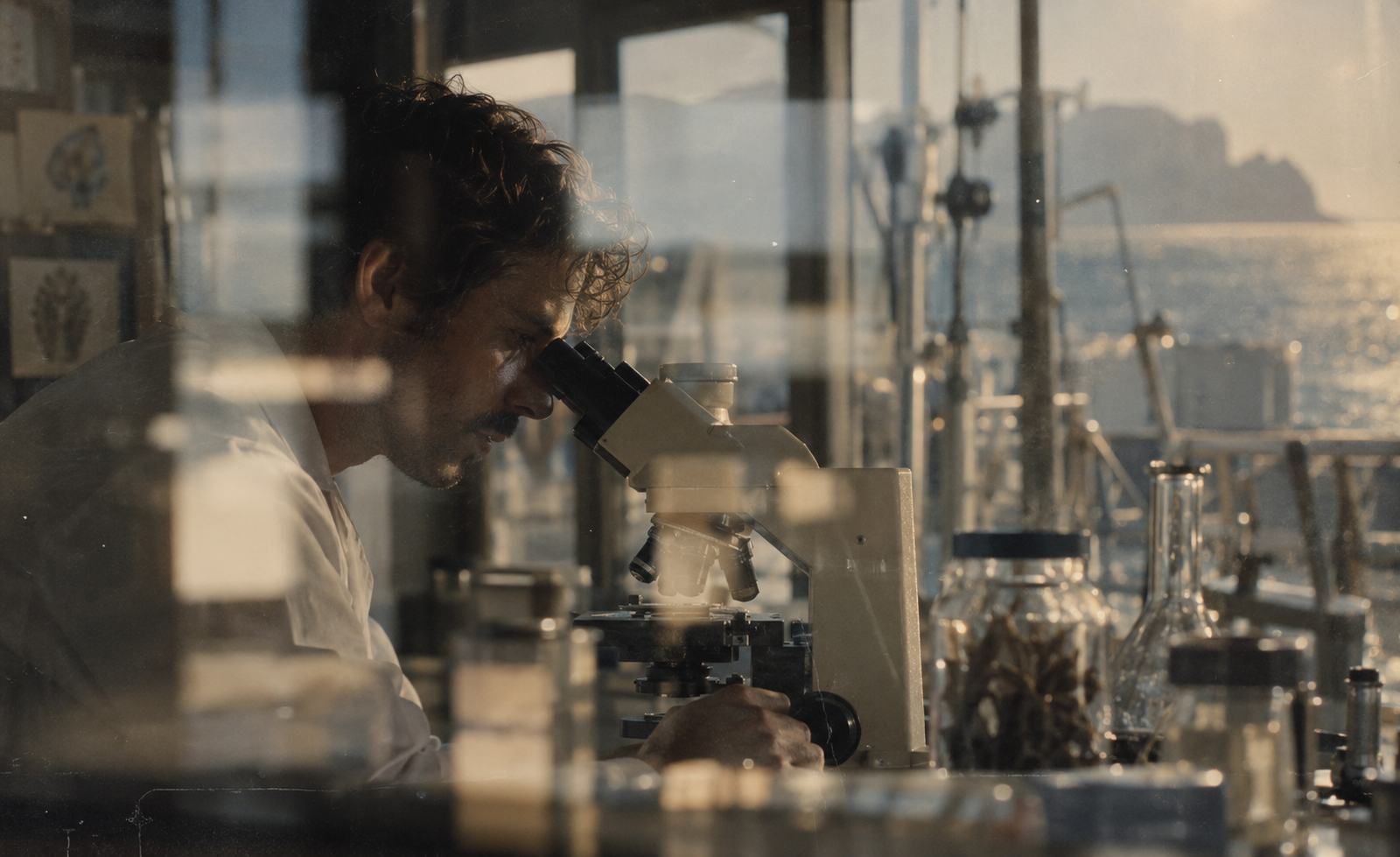 A researcher at a microscope in a laboratory above the sea.