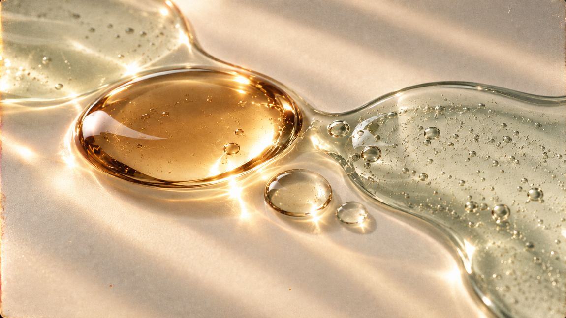 Drops of golden oil and clear gel on a pale surface.