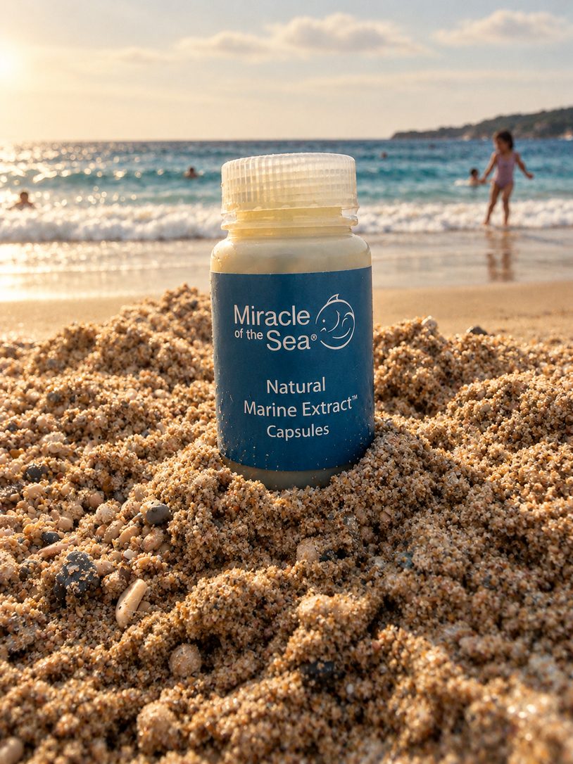 A bottle of Natural Marine Extract Capsules set in the sand at the water's edge.