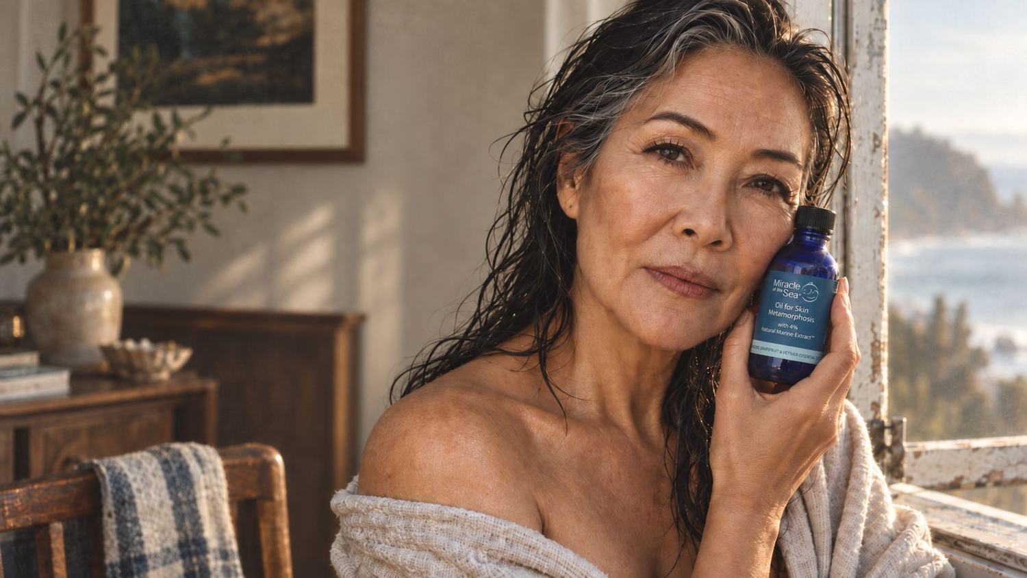 A woman in her sixties holding a bottle of Miracle of the Sea Oil for Skin Metamorphosis against her cheek.