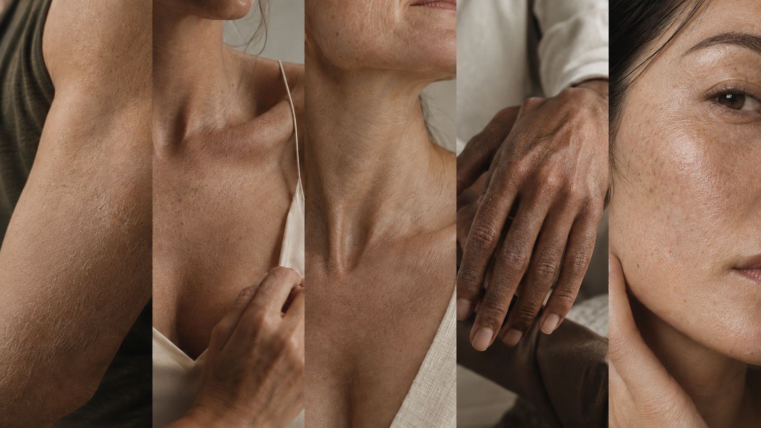 Five close views of mature skin: an inner arm, a décolletage, a throat, a pair of hands, and a cheek.