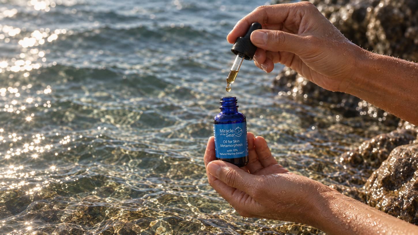 Hands holding a bottle of Oil for Skin Metamorphosis above sunlit coastal water.