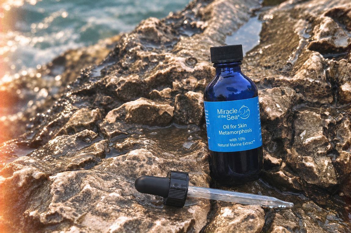 Oil for Skin Metamorphosis on wet rock at the water's edge.