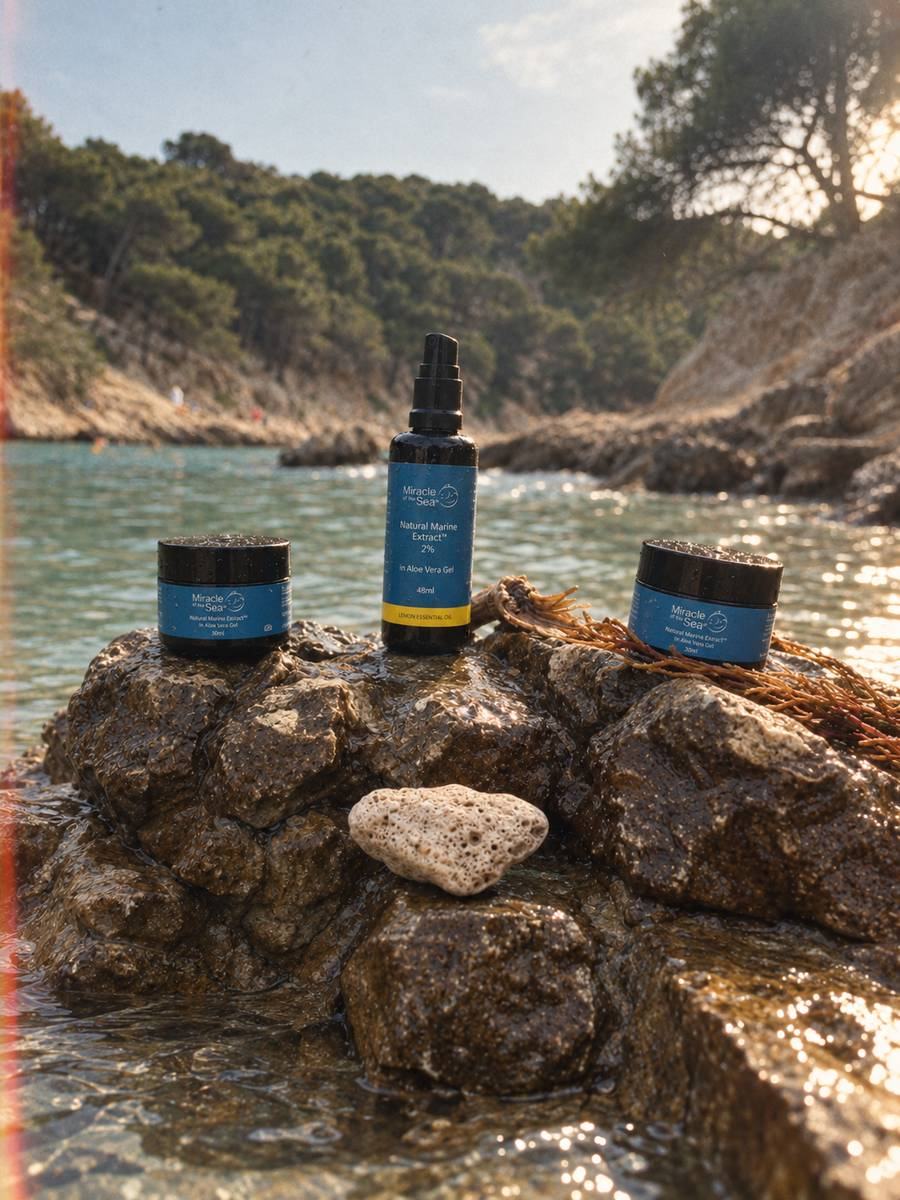 Natural Marine Extract in aloe vera gel on rocks at the water's edge.