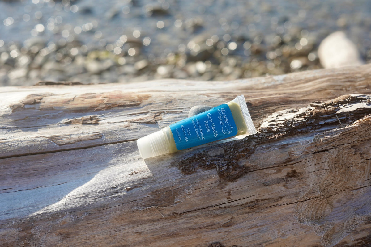 Miracle of the Sea Gum Health Paste tube resting on driftwood