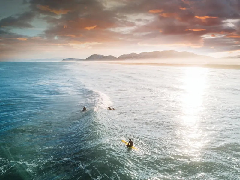 Surfers waiting for a wave at sunset